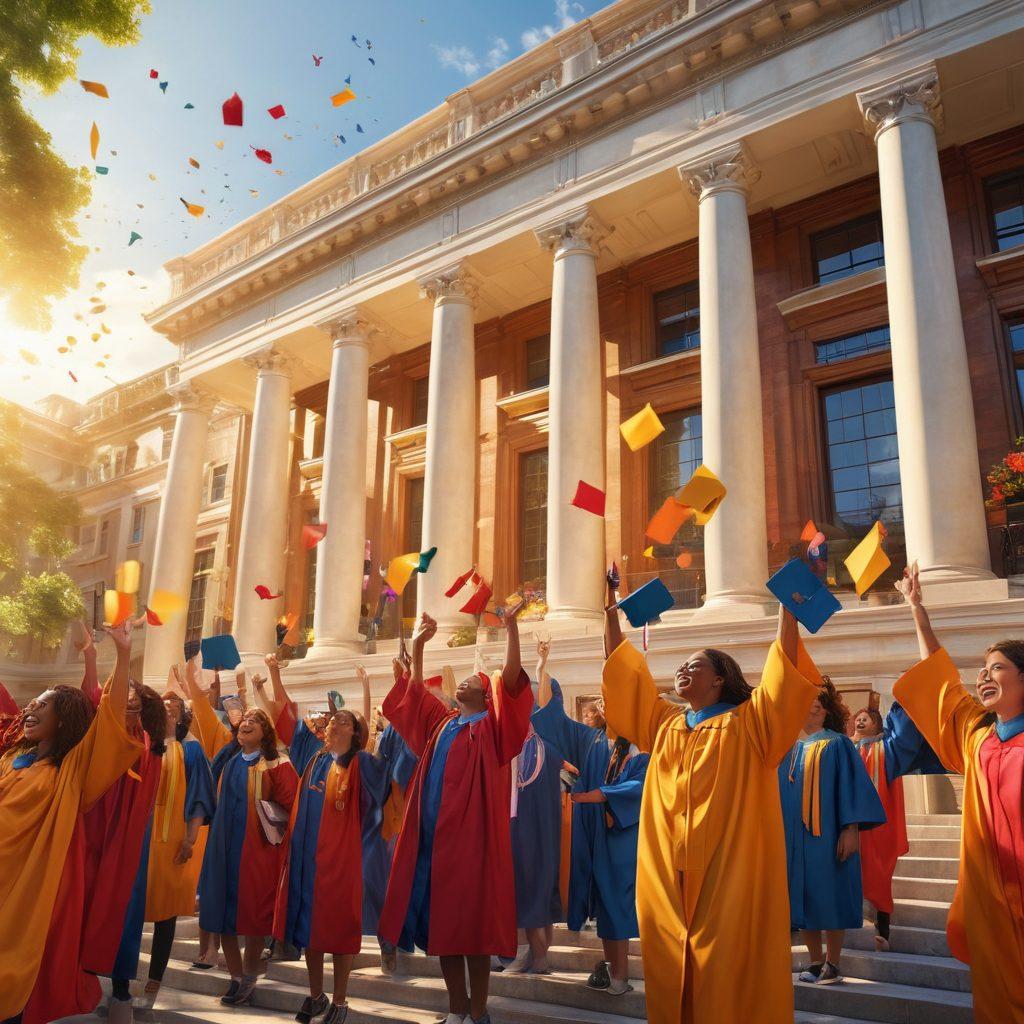 An inspiring graduation scene featuring diverse students in academic robes throwing their caps in the air, with a vibrant campus backdrop of historic academic buildings. Include books, a laptop and a coffee cup symbolizing the journey and hard work towards a PhD. Bright sunlight illuminating the moment, evoking a sense of achievement and joy. super-realistic. vibrant colors. 3D.