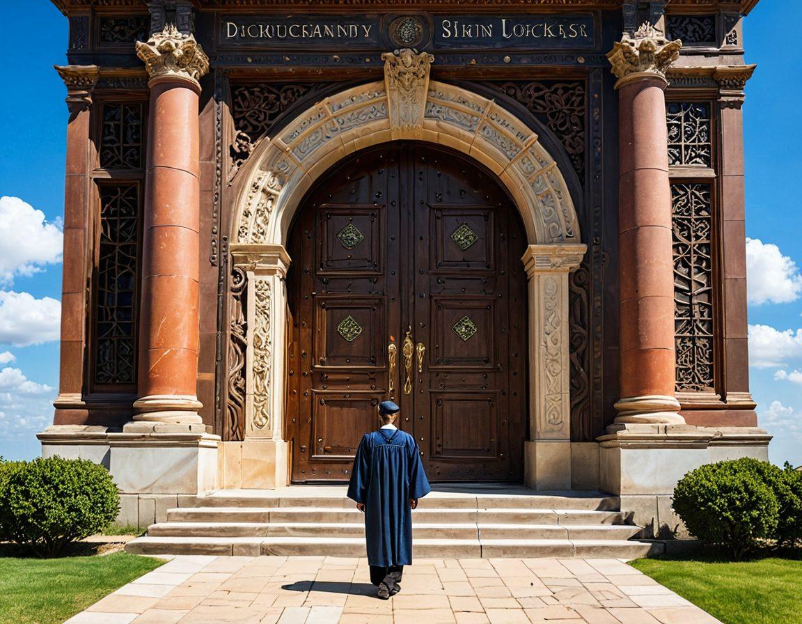 A scholarly individual standing before a large, ancient door that symbolizes opportunities, with floating books and scrolls around them representing knowledge. The background features a winding path leading to a distant university, under a bright sky that conveys hope and ambition. The scene is infused with elements of time, like hourglasses and clocks, signifying the journey of a PhD. super-realistic. vibrant colors.
