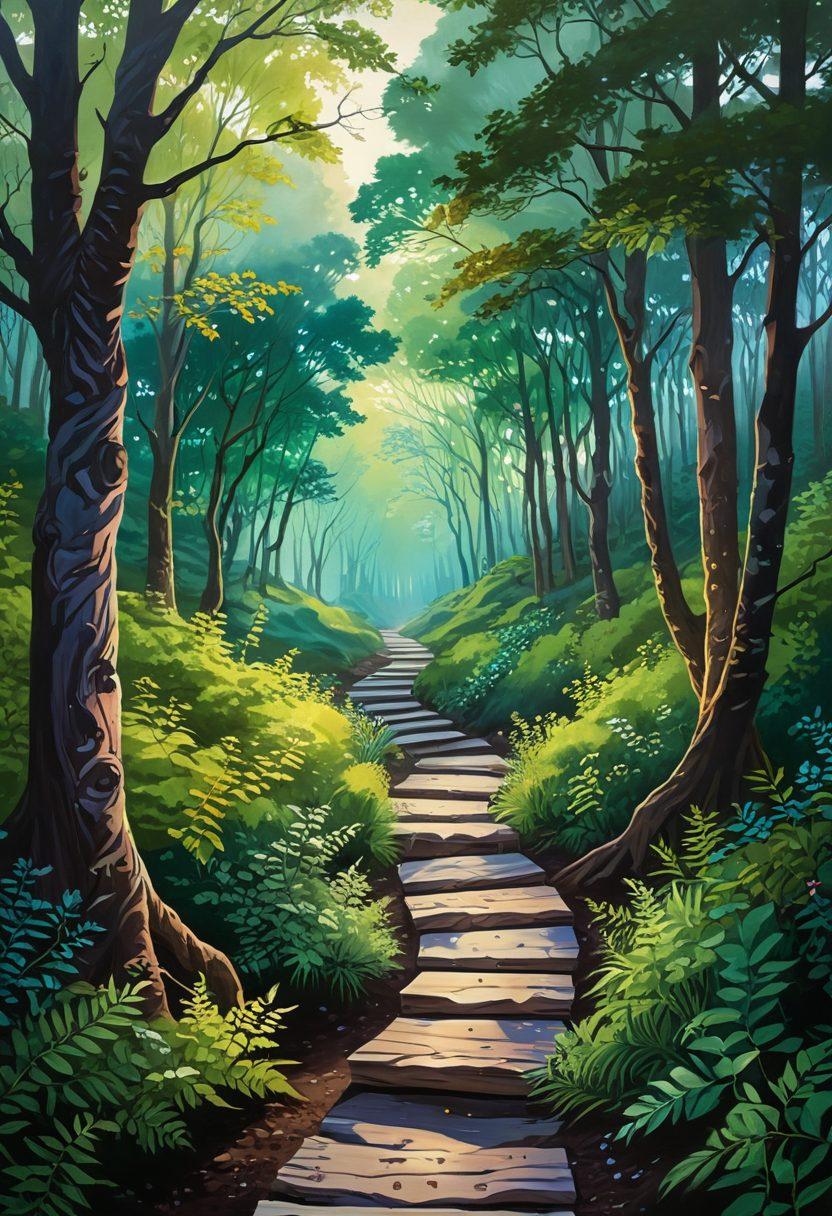 A scholarly landscape featuring a winding path through a lush, green forest symbolizing the journey of doctoral studies. Along the path, various resources like books, laptops, and mentorship symbols (like a guiding hand) are displayed, emphasizing support and knowledge. The sky above transitions from dawn to dusk, representing growth and perseverance. Ethereal light spots illuminate the path, inspiring hope and focus. vibrant colors. painting.